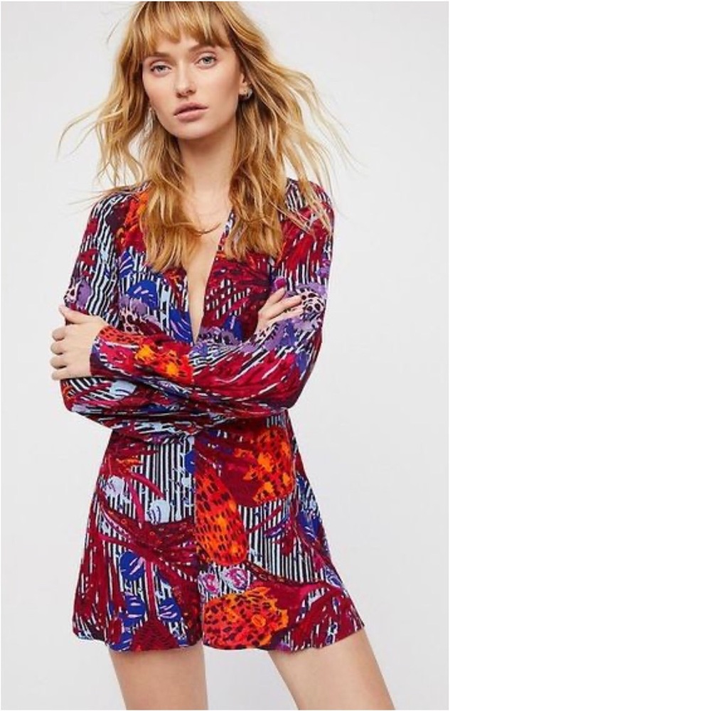 FREE PEOPLE Audrey Romper Sleeve Print Plunging 4